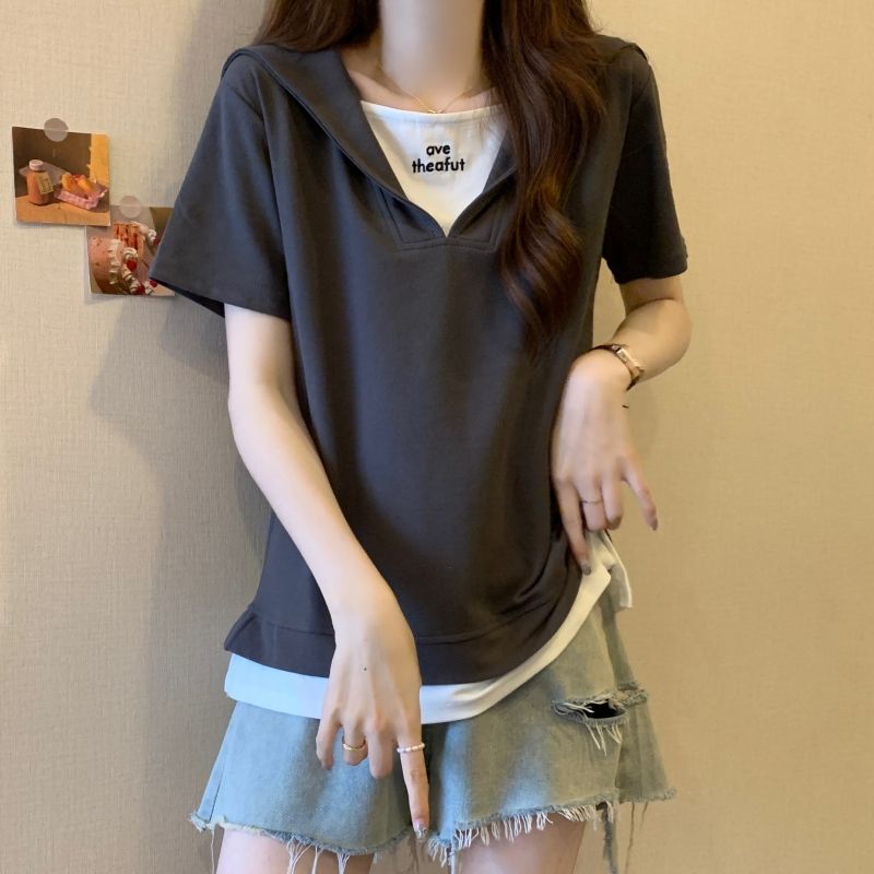 韓系休閒寬鬆翻領假兩件正肩短袖T恤-Cicimode