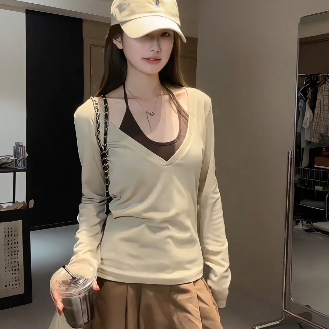 【整套】疊穿美式辣妹修身長袖罩衫+掛脖背心兩件套裝