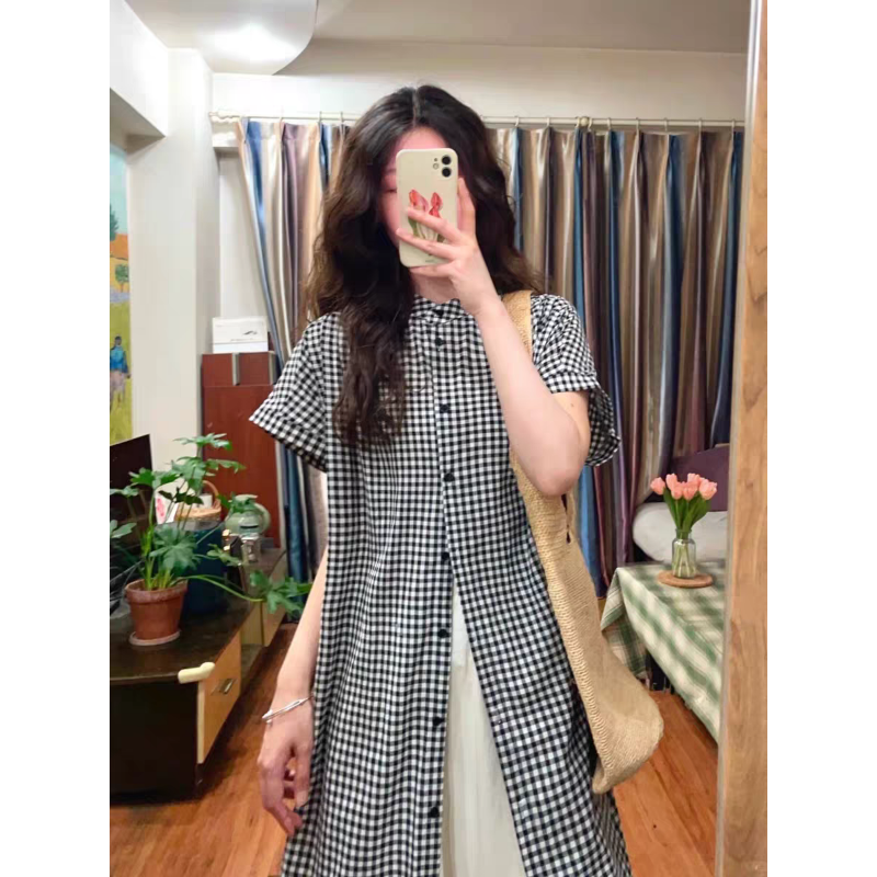 【單件】溫柔復古中長款格紋襯衫連身裙+寬鬆氣質半身裙兩件套裝-Cicimode