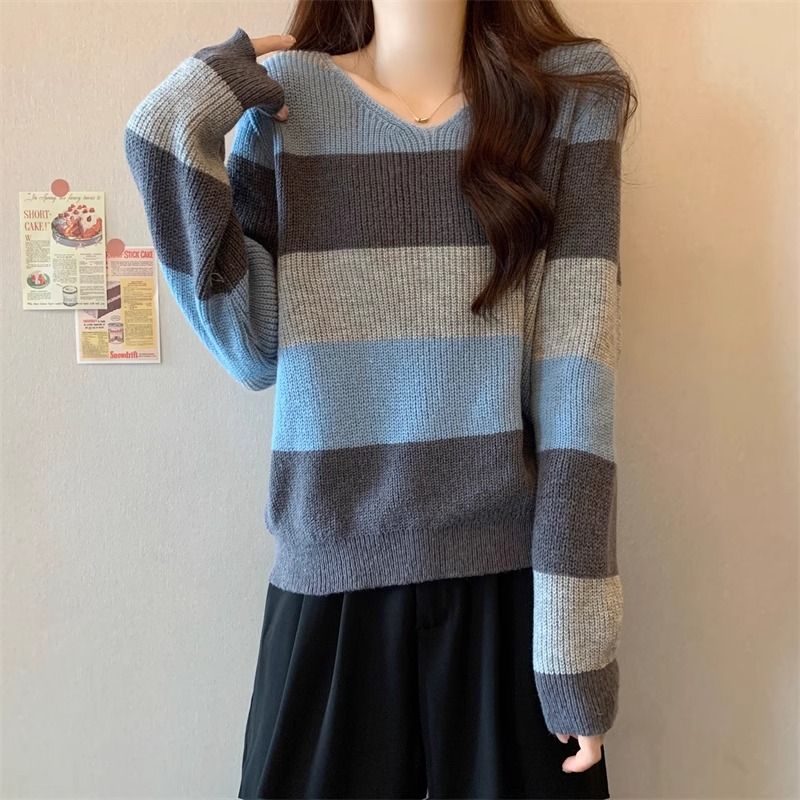 3色復古慵懶風寬鬆v領條紋針織衫-Cicimode
