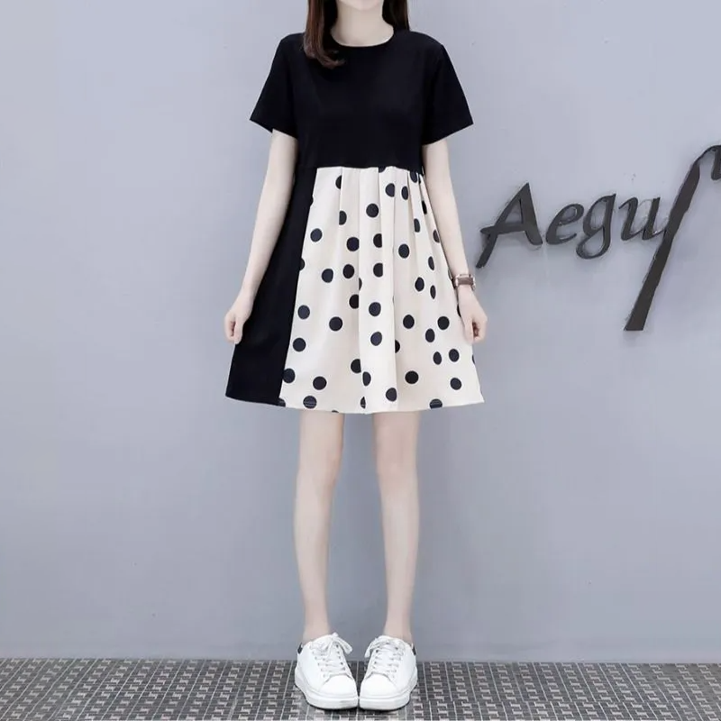 拼接波點a字百褶減齡寬鬆顯瘦連身裙