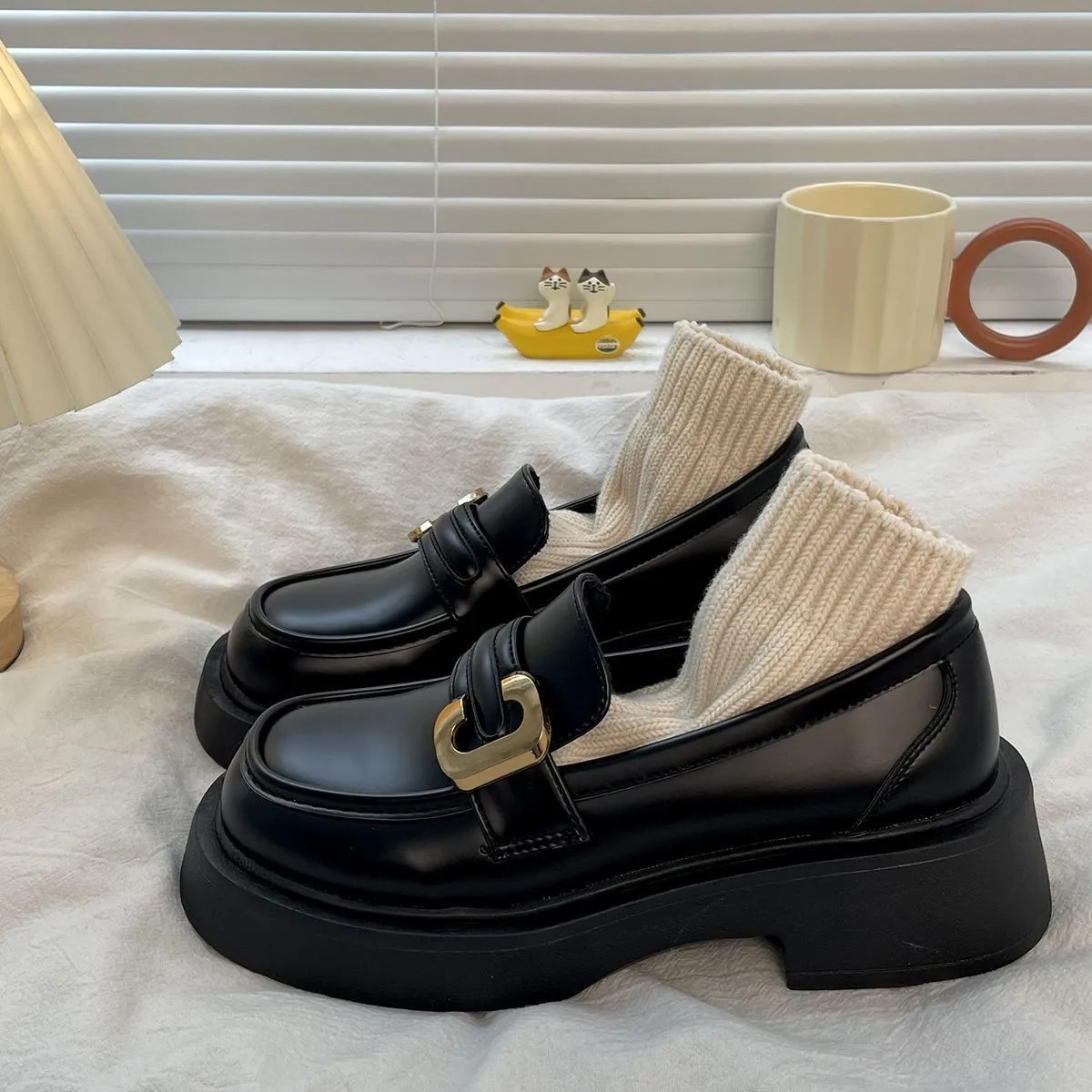 英倫風復古百搭厚底樂福鞋小皮鞋圓頭單鞋