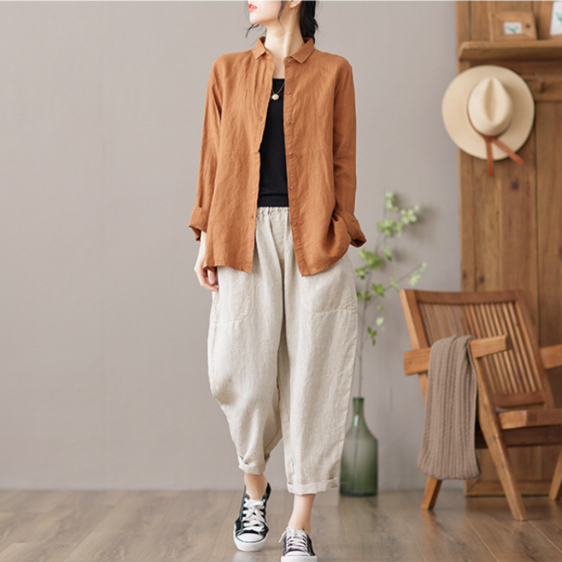 文藝復古亞麻翻領氣質長袖襯衫-Cicimode