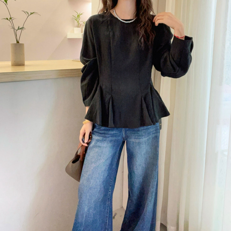 時尚寬鬆百搭短版荷葉邊收腰純棉襯衫