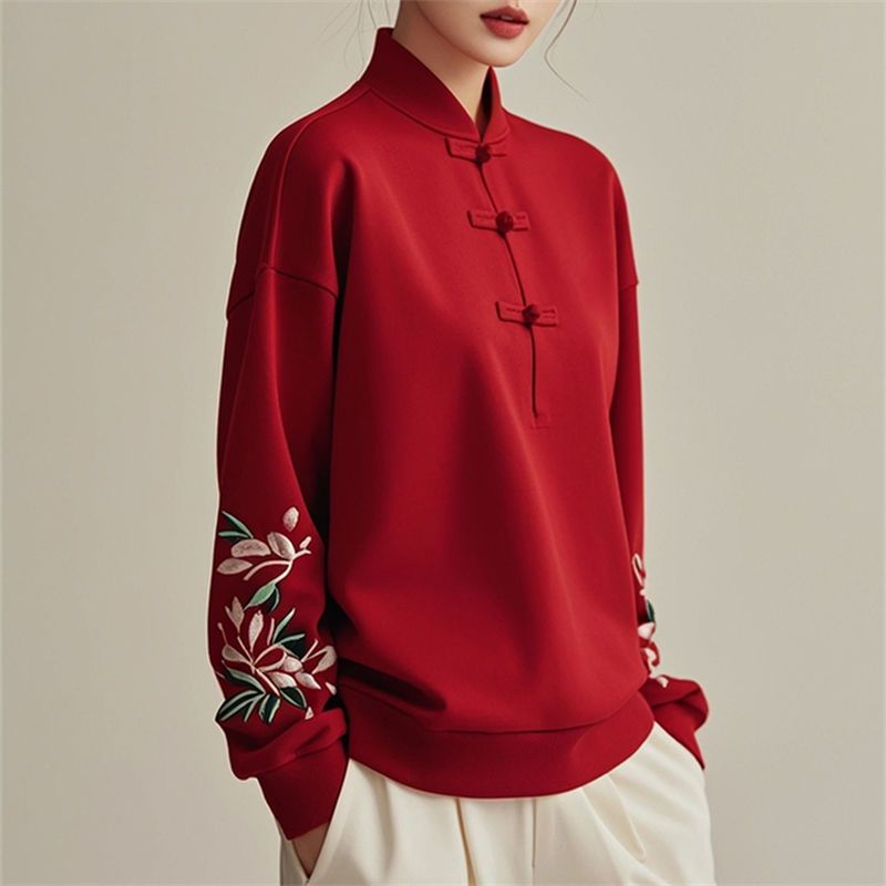 新中式國風盤扣刺繡立領德絨長袖-Cicimode