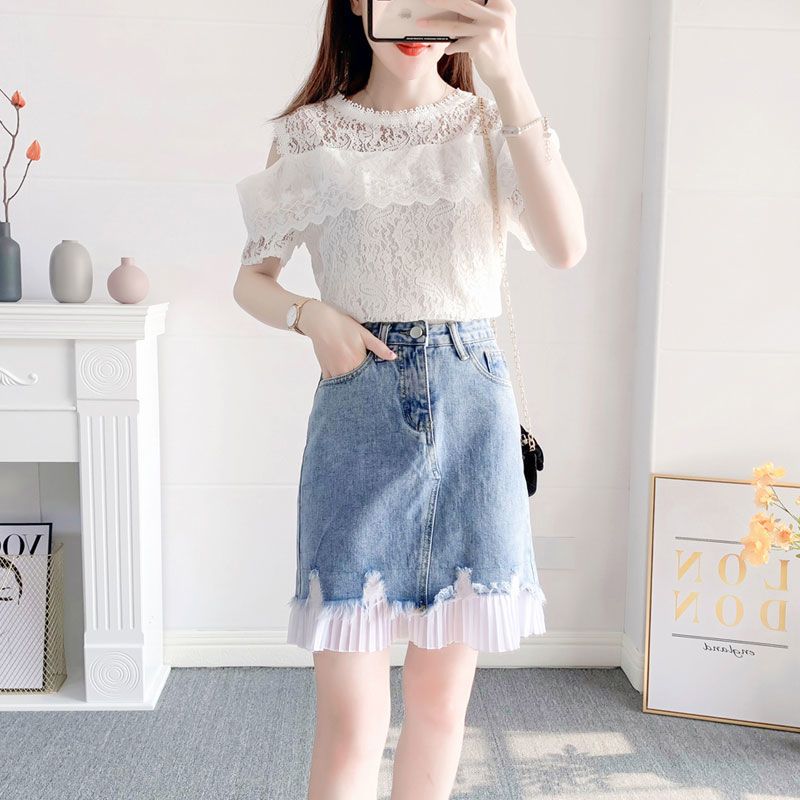 【單件/套裝】氣質溫柔風蕾絲拼接短袖+時尚牛仔半身裙兩件套裝