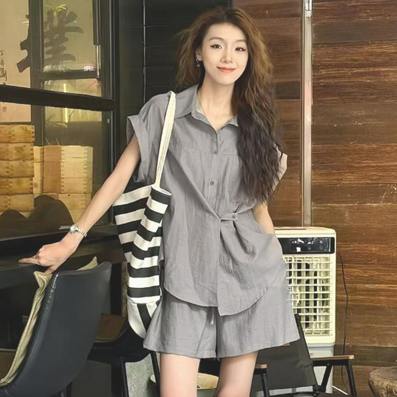 【整套】洋氣不規則設計感短袖襯衫+休閑百搭短褲兩件套
