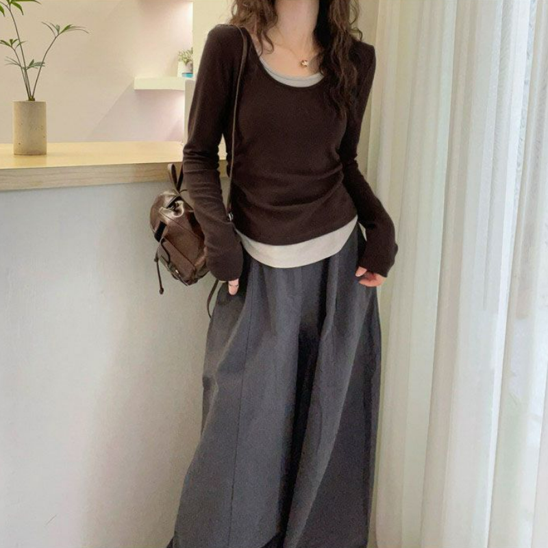 假兩件正肩修身顯瘦拼接撞色長袖T恤-Cicimode