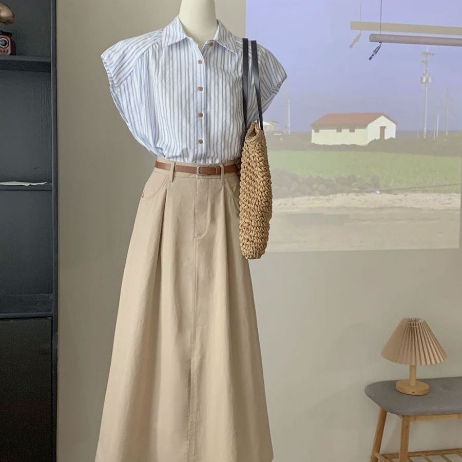 【單件/套裝】時尚通勤休閒減齡polo領條紋短袖襯衫+高腰半身裙兩件套裝