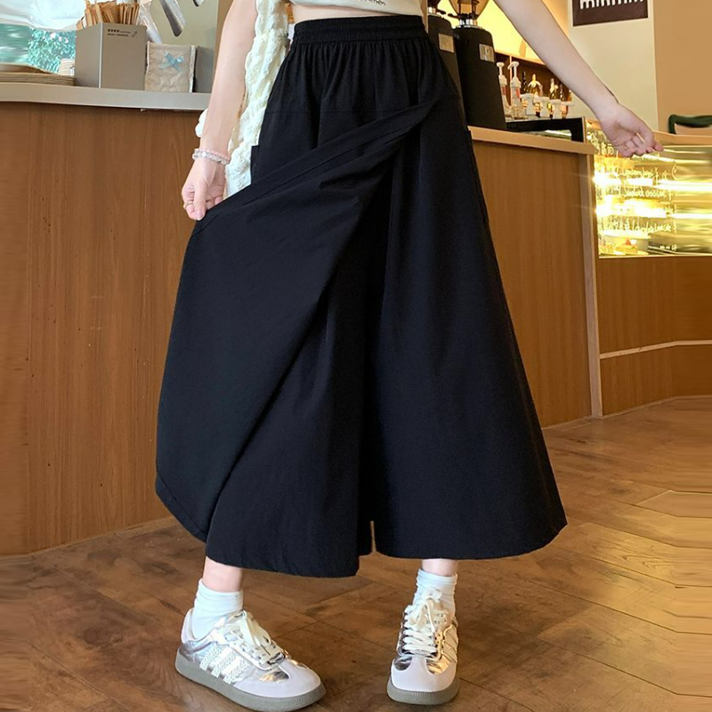 高腰寬鬆休閒九分直筒闊腿設計感拼接褲裙-Cicimode