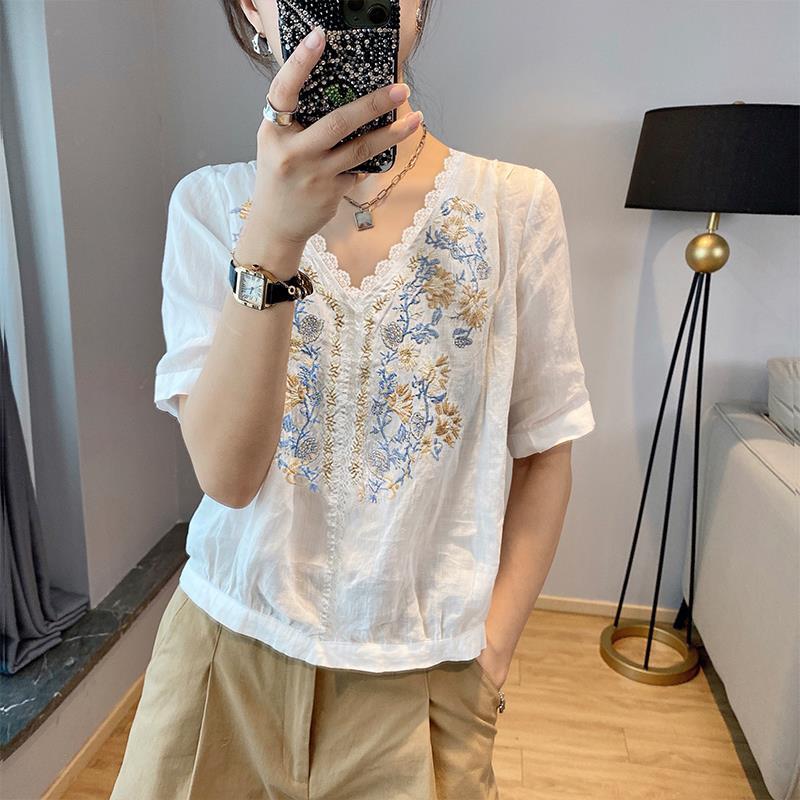 百搭休閒氣質白色蕾絲碎花V領短袖襯衫