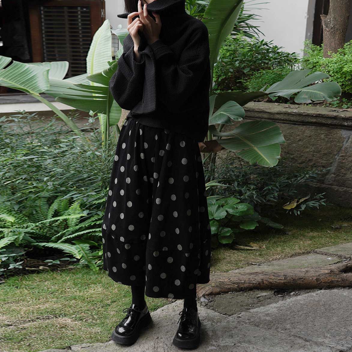 日系減齡甜美少女感波點中長款花苞半身裙