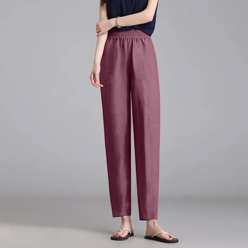 亞麻顯瘦休閒薄款冰絲高腰寬鬆九分哈倫褲-Cicimode