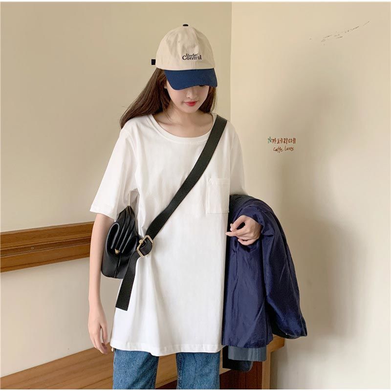 港風純棉寬鬆圓領開叉遮臀中長版短袖T恤