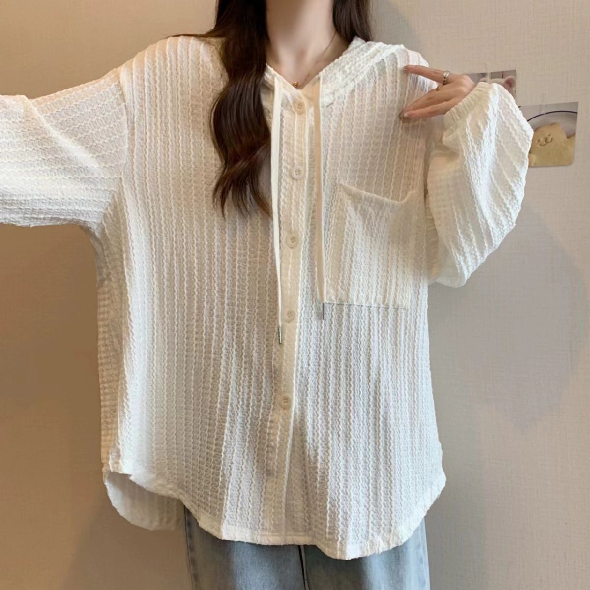 大碼顯瘦中長版休閒外套連帽長袖襯衫