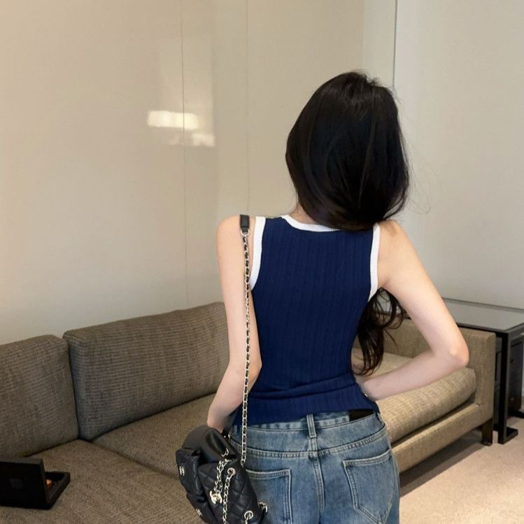 美式辣妹涼感撞色印花顯瘦針織吊帶背心