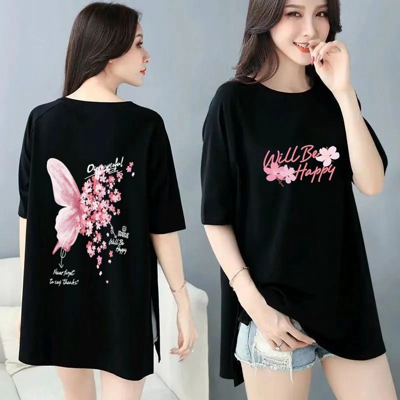 韓版寬鬆印花中長款兩邊開叉短袖T恤-Cicimode