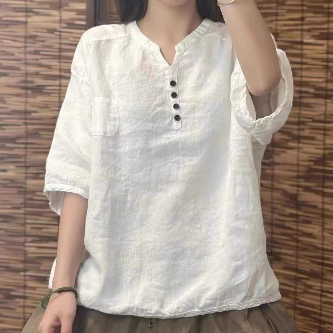 文藝棉麻寬鬆百搭顯瘦立領五分袖襯衫-Cicimode