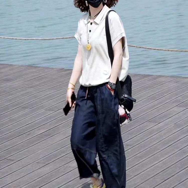 【單件/套裝】POLO領後背印花短袖上衣+薄款牛仔八分褲兩件套裝