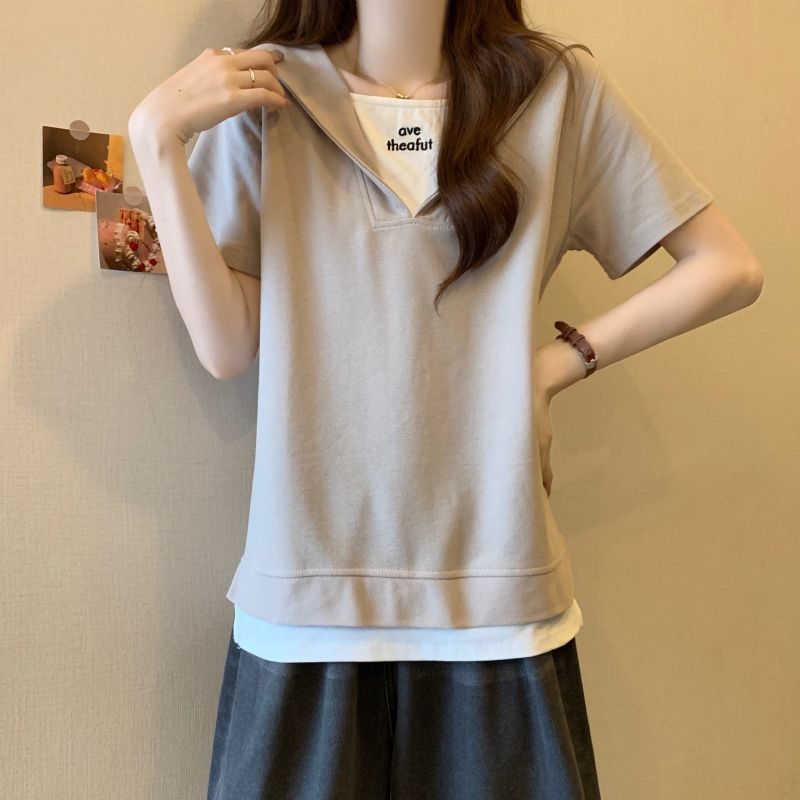 韓系休閒寬鬆翻領假兩件正肩短袖T恤-Cicimode