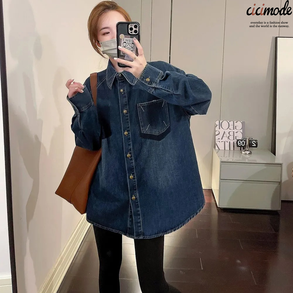 復古藍色牛仔百搭設計感長袖襯衫-Cicimode