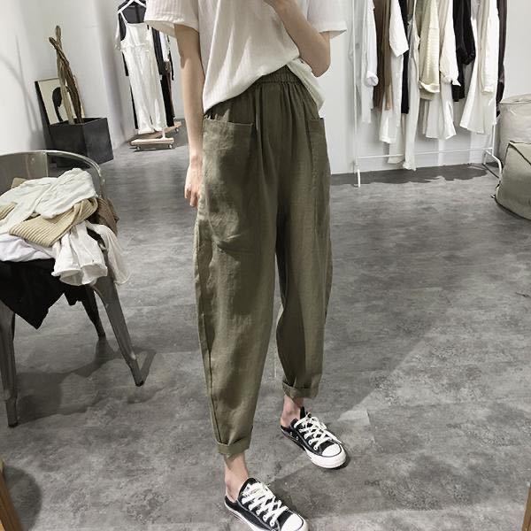 大口袋高腰鬆緊帶寬鬆闊腿仿竹麻九分哈倫褲