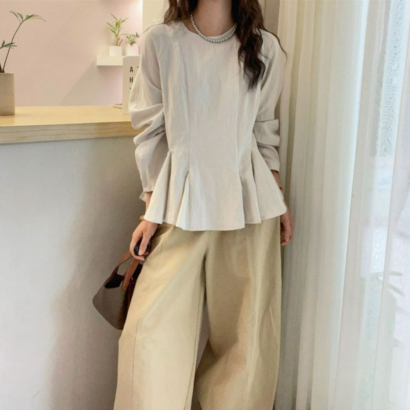 時尚寬鬆百搭短版荷葉邊收腰純棉襯衫