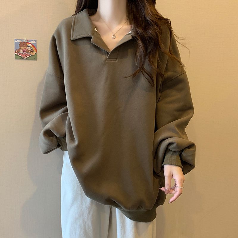 美式寬鬆翻領oversize顯瘦長袖T恤-Cicimode