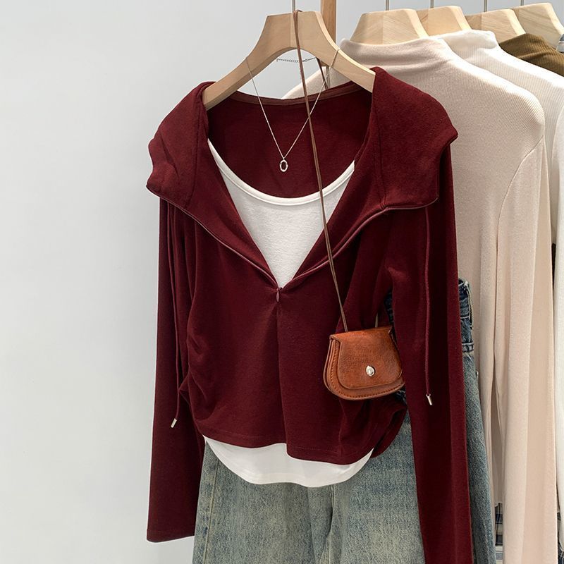 美式辣妹假兩件抽褶顯瘦連帽長袖t恤