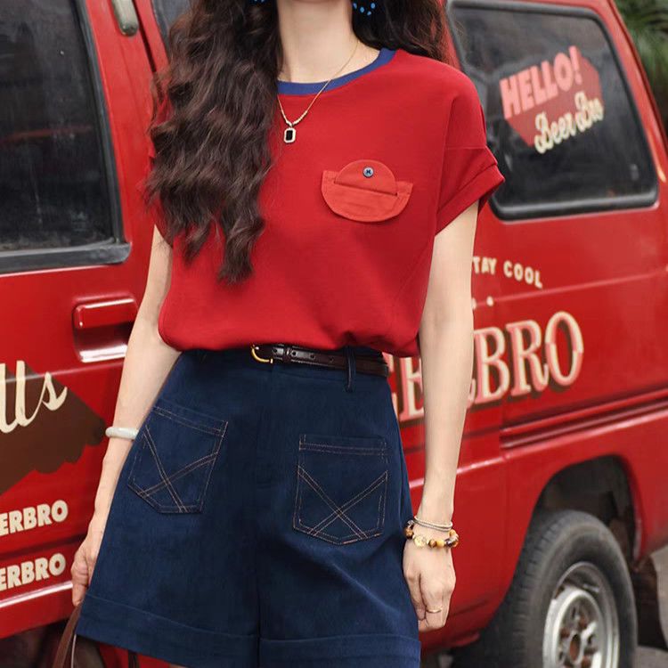 【單件/套裝】休閒寬鬆顯瘦復古設計感T恤+闊腿短褲兩件套裝