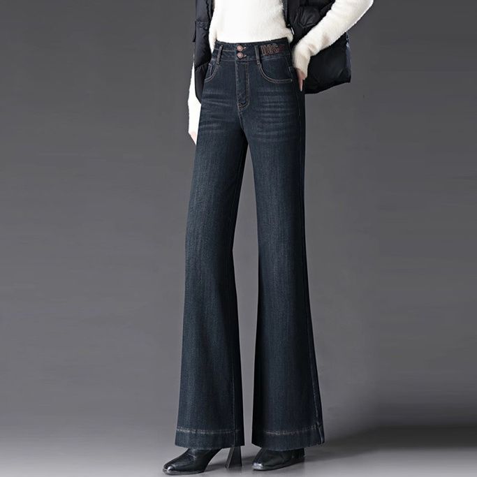 高腰顯瘦微喇刷毛加厚寬鬆休閒牛仔褲-Cicimode