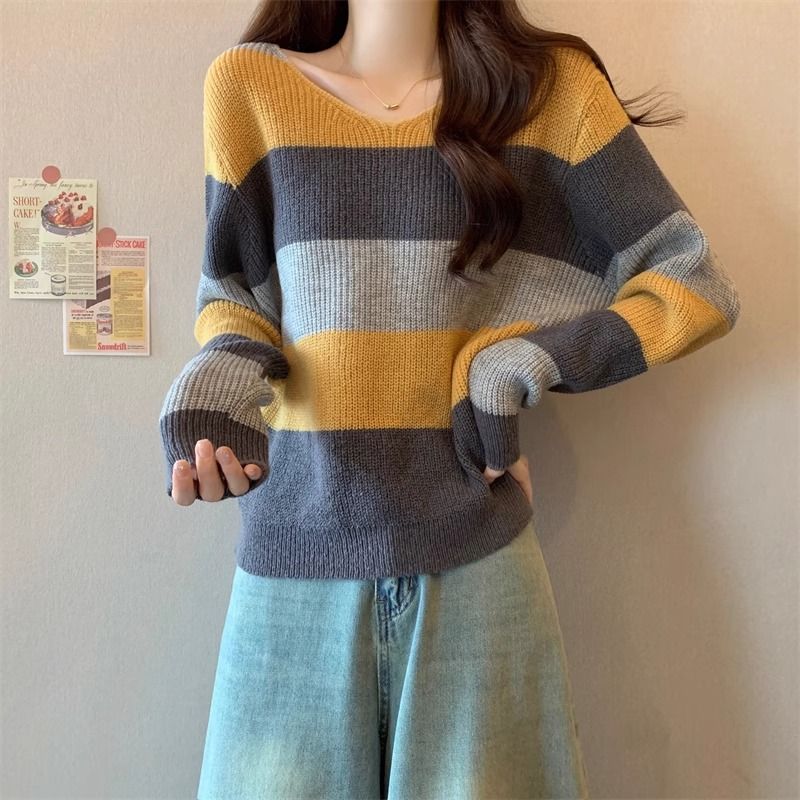 3色復古慵懶風寬鬆v領條紋針織衫-Cicimode