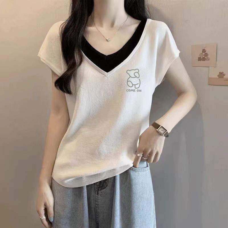 純棉多款式洋氣寬鬆大碼顯瘦V領假兩件短袖T恤-Cicimode