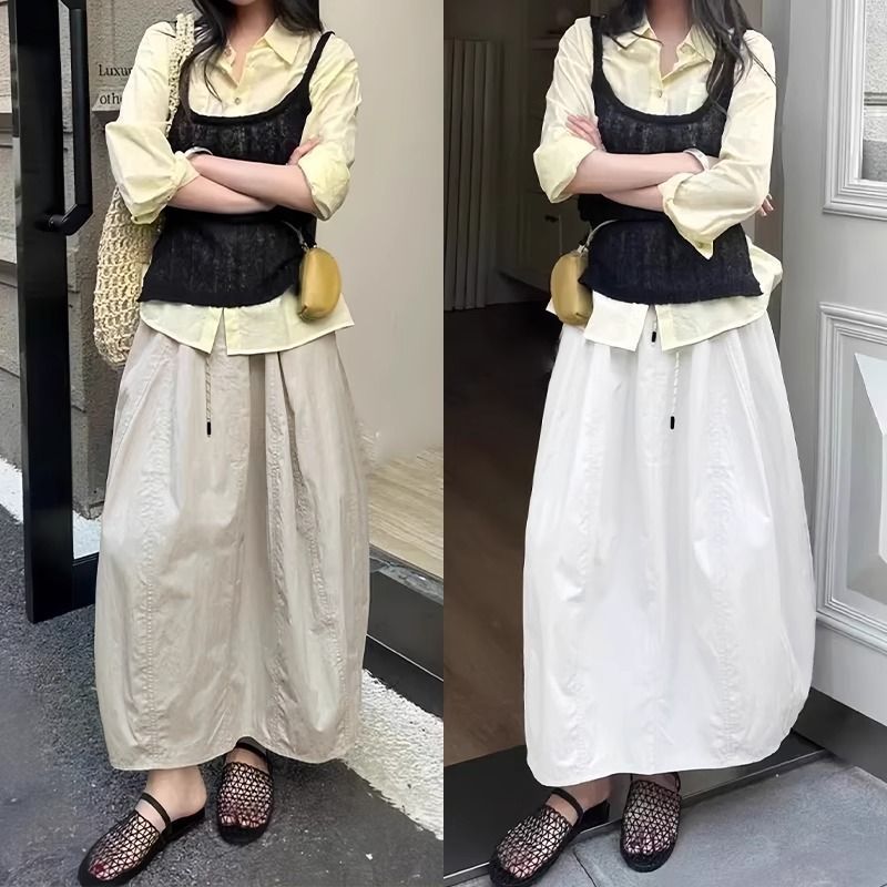 冰絲工裝高腰小個子寬鬆系帶A字半身裙-Cicimode