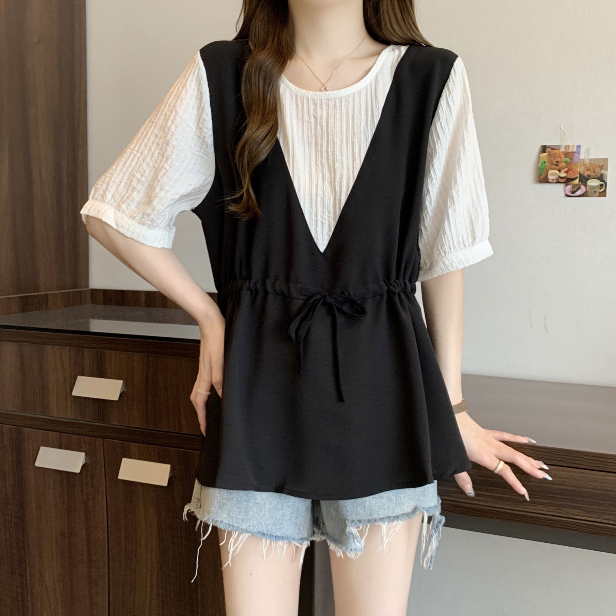 韓版假兩件設計感撞色收腰系帶顯瘦短袖-Cicimode