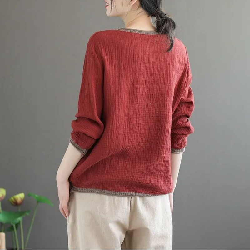 新款國風秋季女裝民族復古艺文V領打底長袖T恤上衣