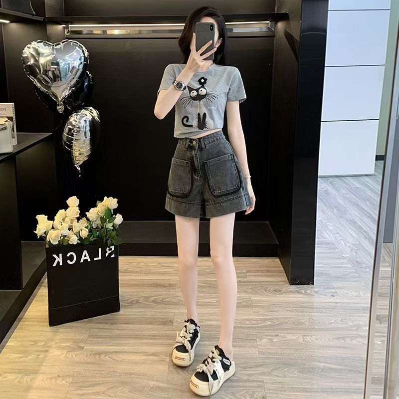 【單件/套裝】復古減齡休閒運動風T恤+牛仔短褲兩件套裝