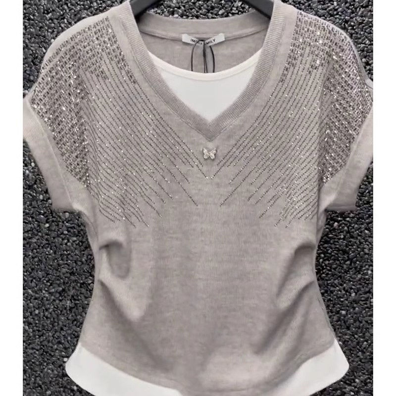 燙鑽撞色假兩件氣質V領T恤女夏季洋氣重工收腰顯瘦小香風上衣