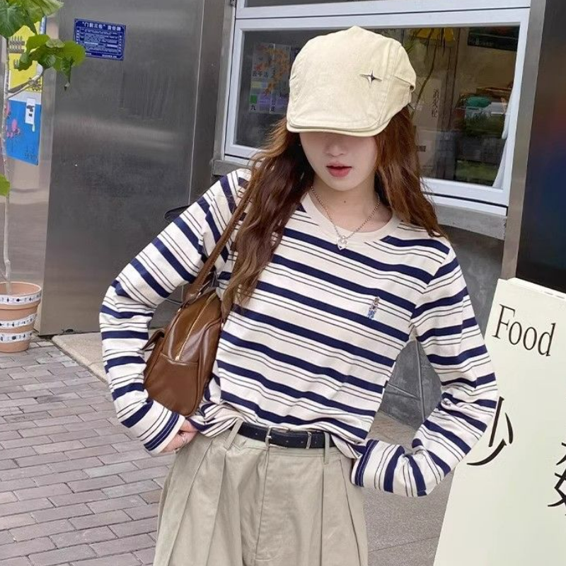 寬鬆休閒大碼百搭撞色條紋純棉長袖t恤