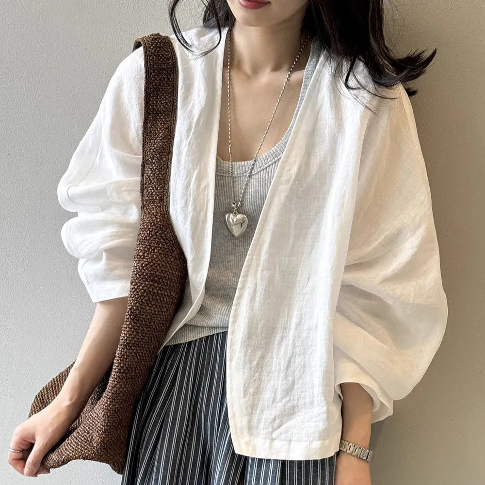 復古棉感白色襯衫外套女夏季文藝長袖開衫上衣設計薄款寬鬆防曬衫