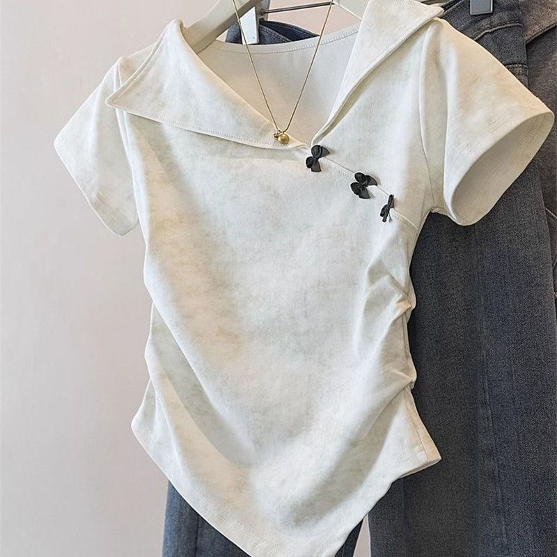 設計感翻領紮染不規則蝴蝶結收腰短袖T恤