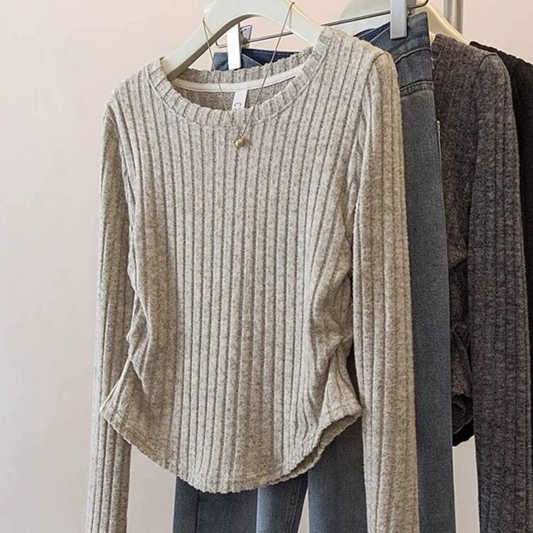 韓版褶皺收腰修身內搭坑條長袖T恤-Cicimode