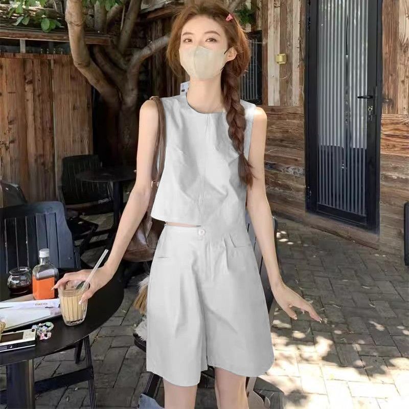 簡約休閑寬松背心上衣高腰闊腿短褲夏季兩件套