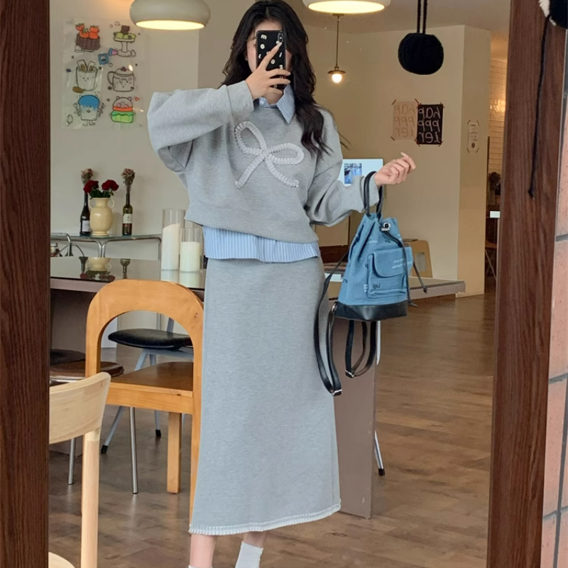 【整套】POLO領條紋拼接長袖衛衣+高腰包臀半裙兩件套裝-Cicimode