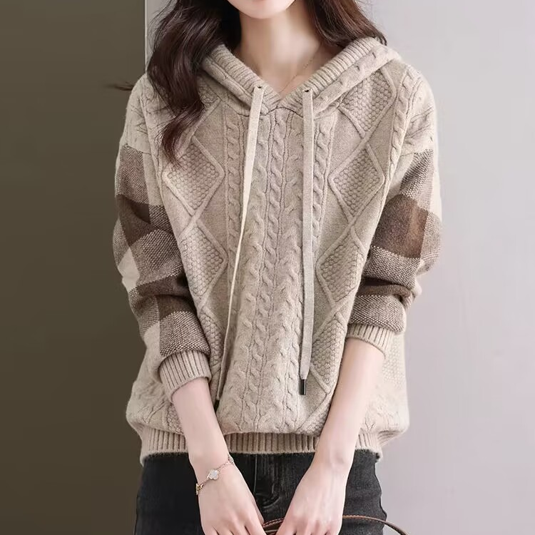 慵懶風休閒連帽寬鬆針織衫長袖