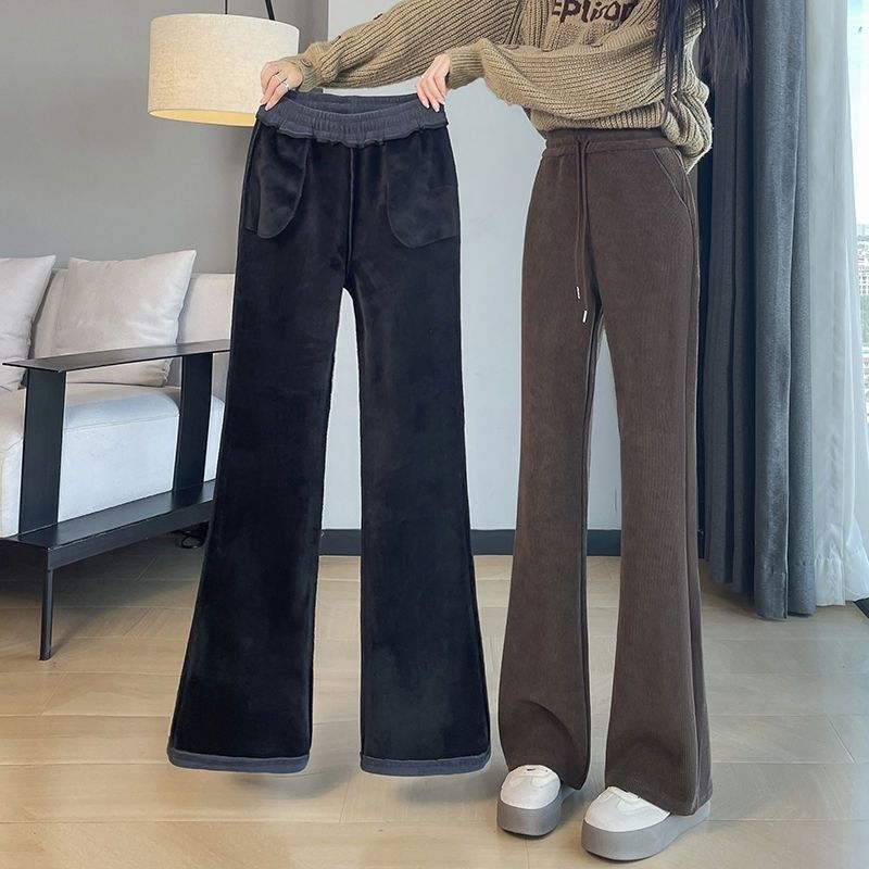 刷毛喇叭高腰垂感雪尼爾大碼寬鬆微喇褲-Cicimode