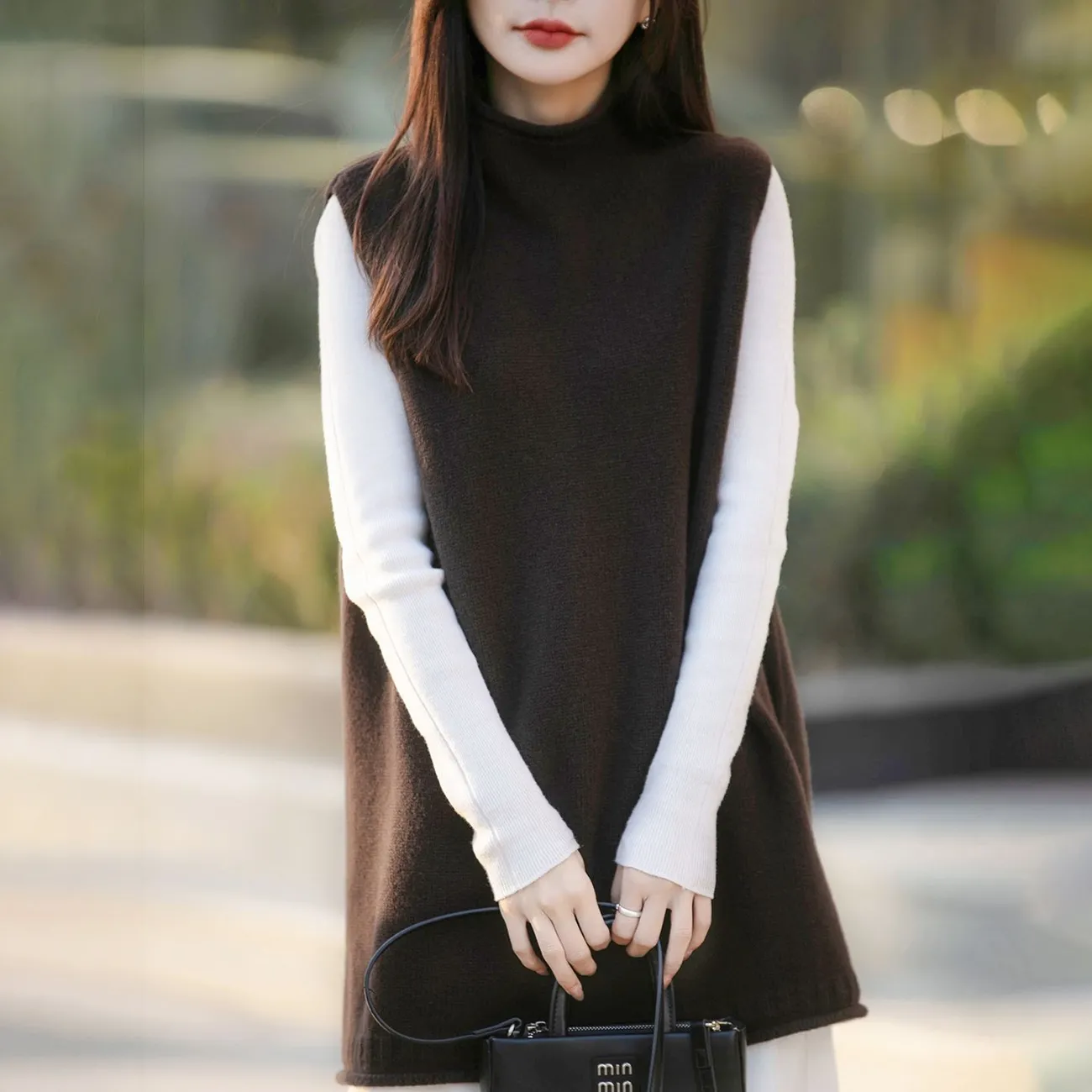 半高領中長版寬鬆疊穿背心百搭坎肩羊毛針織馬甲