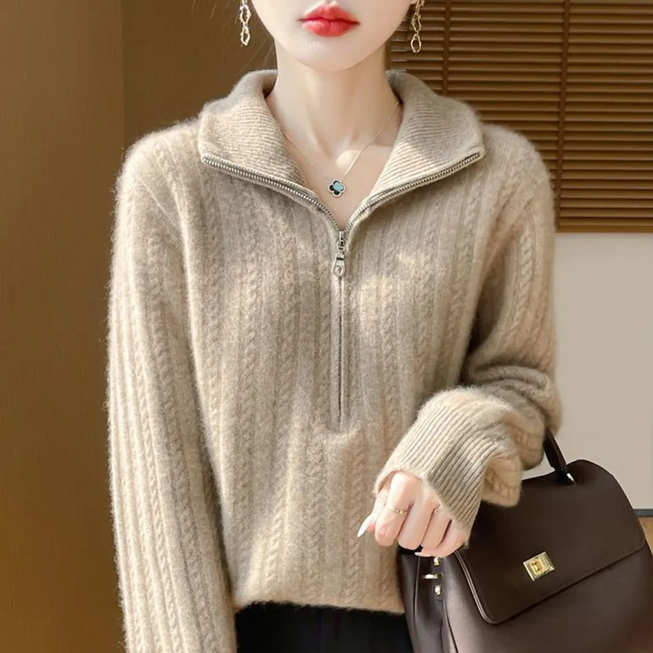 百搭顯瘦半拉鍊素色麻花針織毛衣-Cicimode