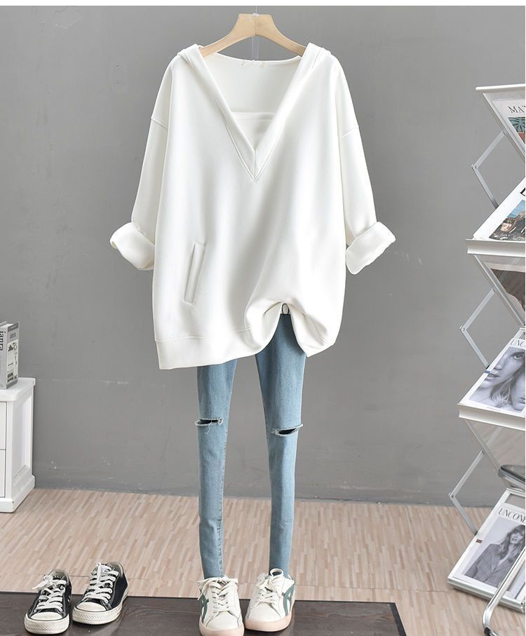 韓系中長款v領連帽拼接假兩件衛衣