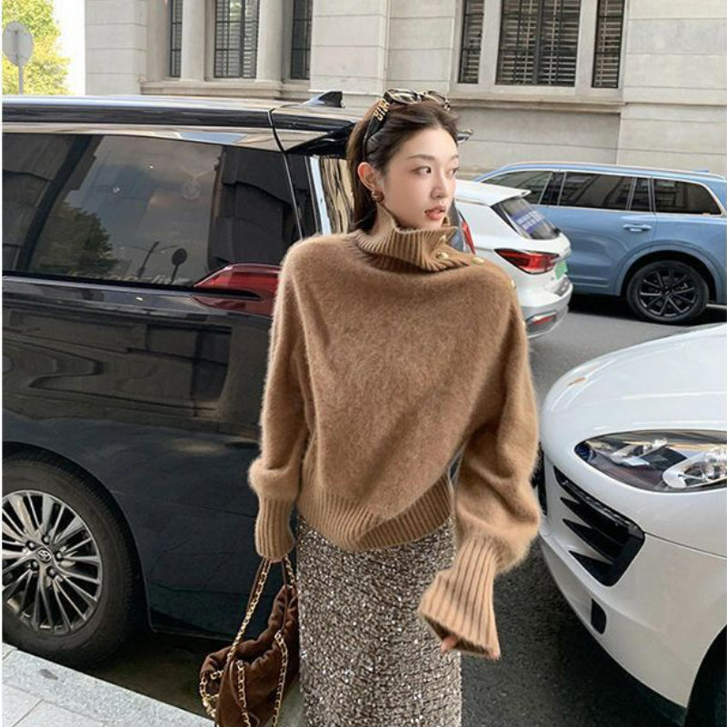 高級感韓系慵懶可外穿不規則翻領針織毛衣-Cicimode